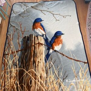 Blue and Brown Bird Print Throw Blanket